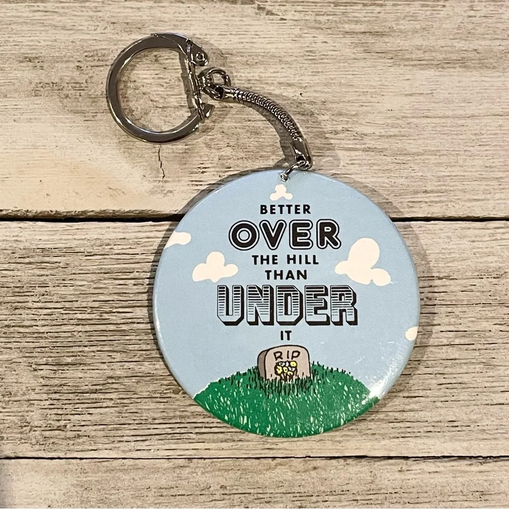 OVER THE HILL Vintage Funny Birthday Round Metal Button Keychain